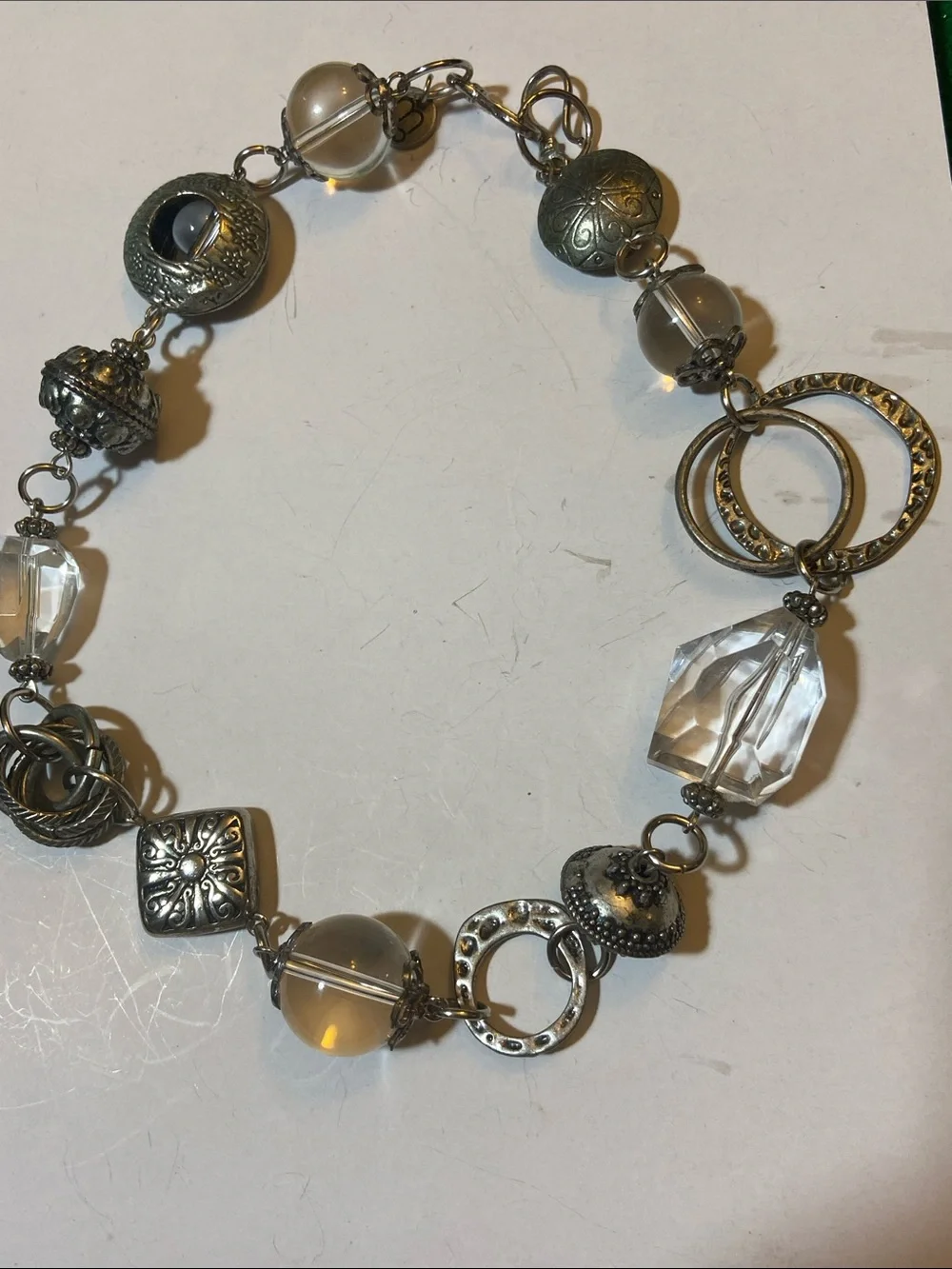 Vintage-Inspired Chunky Choker Statement Silver and Clear Bead Necklace 17”